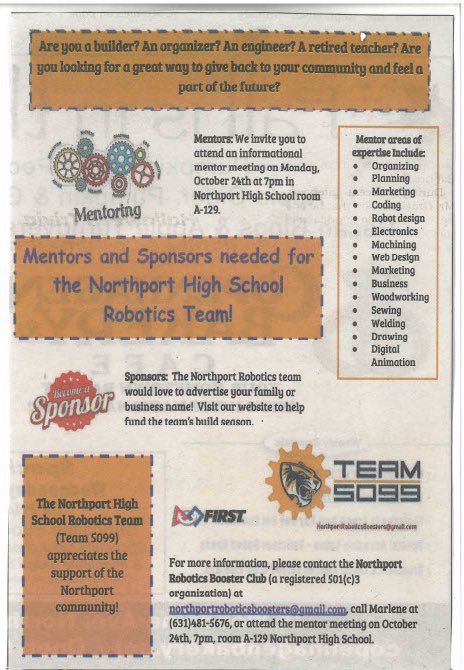 Support the NHS FIRST Robotics Team 5099 as a mentor or sponsor! Informational meeting on October 24 at 7pm in Room A-129.  All are welcome!