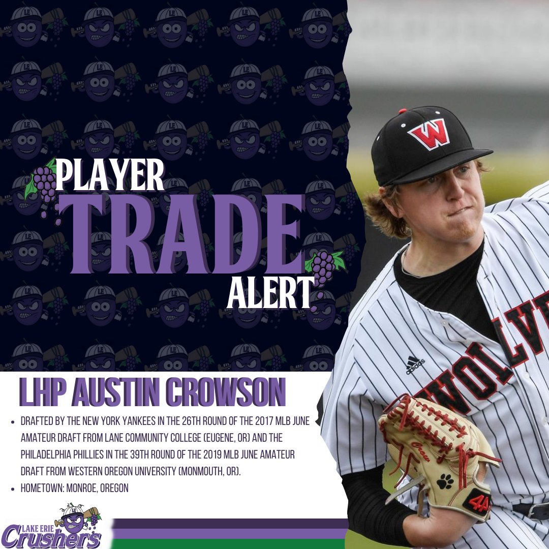LECrushers's tweet photo. 🍇TRADE ALERT🍇
The Crushers have traded Pitcher Jason Alvarez to the Missoula Paddleheads, and the Crushers have received LHP Austin Crowson and OF Ellison Fanna

#LakeErieCrushers #Ohio #tradealert #FrontierLeague #Baseball Frontier League https://t.co/H8jm0GqqTp