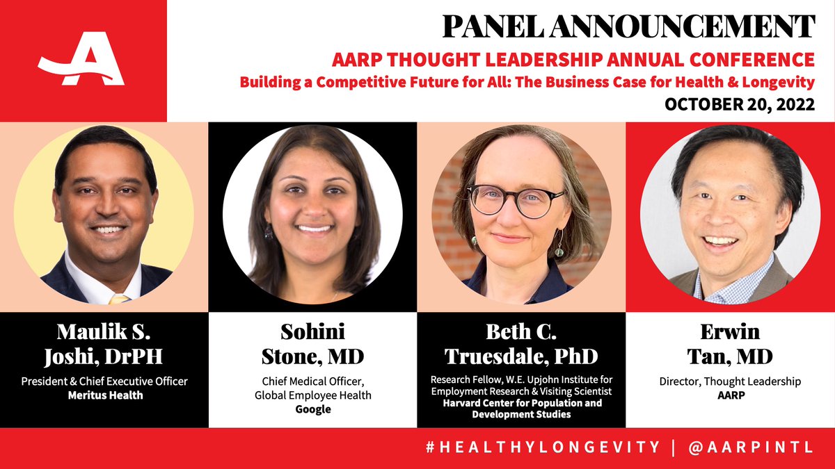 Health leaders @maulikjoshi of @MeritusHealth, @SohiniStone of @Google, @bethtruesdale of @UpjohnInstitute & @DoctorTanMD of @AARP will be taking the stage next week at our partner @AARPIntl's virtual event! #healthylongevity

Register to tune in - bit.ly/3SFtZwg