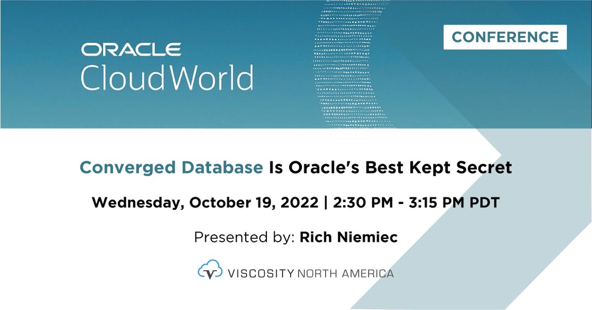 ViscosityNA's tweet photo. Join our "Converged Database is Oracle's Best Kept Secret" session on Oct 19 at @Oracle @CloudWorld 2022 to learn to innovate with Oracle #ConvergedDatabase. Its potential to adapt to all tech &amp; growing your business is immense.

https://t.co/VPe0HPEj3p
#vna22 #orcldb #OCW https://t.co/8LfuYp6hwT