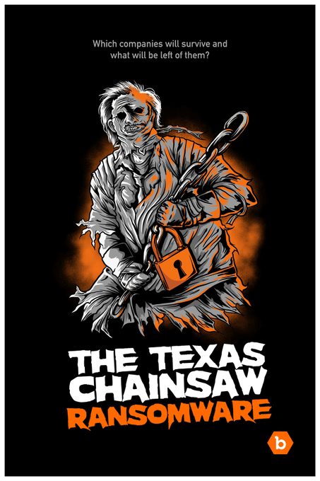 Bugcrowd's tweet image. Clicking thru tabs, you see a giant figure roar down upon your screen wielding a chained lock. A #cryptowallet address &amp;amp; bomb clock appear! The demand reads, &quot;Pay $4.4M now&quot; 
The Texas Chainsaw Ransomware: Which orgs will survive &amp;amp; what will be left of them? #CountdownToHalloween