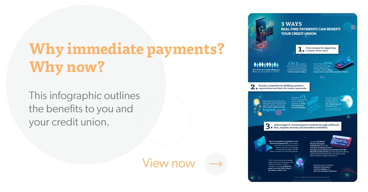 Payments are evolving from faster to immediate, and we’d love to help your #CreditUnion take advantage of #RealTimePayments. Look at our infographic and reach out if you have any question or just want to chat about the future of #payments. bit.ly/3R3XWEz