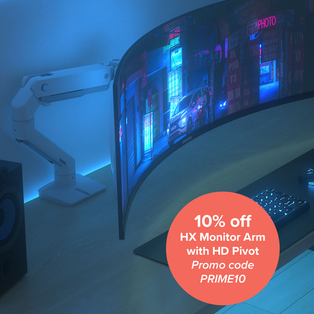 Take your work or gaming setup to the next level.

The HX Monitor Arm with HD Pivot supports ultra-wide screens w/ a deep curve like the 49" <a href="/Samsung/">Samsung Electronics</a> G9.

This monitor arm is on sale now—code PRIME10 saves you 10%.

Shop: bit.ly/3CnwY5x

Don't wait—sale ends Oct. 12!