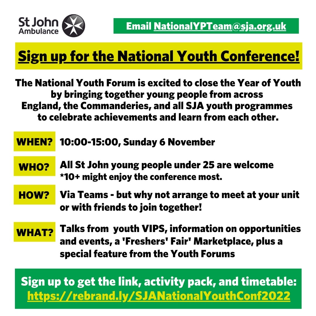 Sign up for the National Youth Conference! The National YF is excited to close the Year of Youth by bringing together young people from across England, the Commanderies, and all SJA youth programmes to celebrate achievements and learn from each other.

Link in our bio!