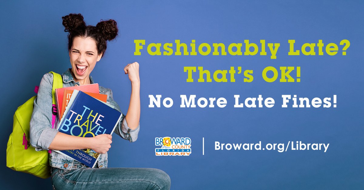 Broward County Libraries Division is happy to announce the elimination of late fines. Late fines will no longer accrue on borrowed library materials and customers will not be fined for items that are returned after the due date.

broward.org/Library/Pages/… 

#NoMoreLateFines