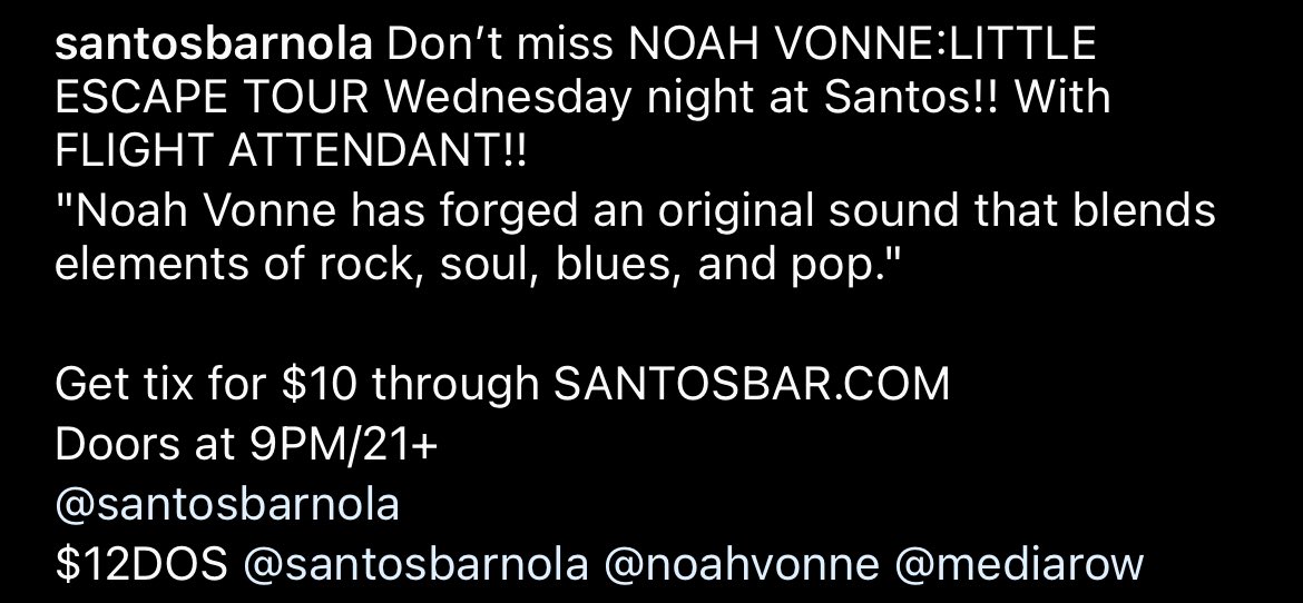 Tomorrow night! Opening up for <a href="/noahvonne/">Noah Vonne</a> with an acoustic set at Santos Bar in #NewOrleans - 9pm/$12