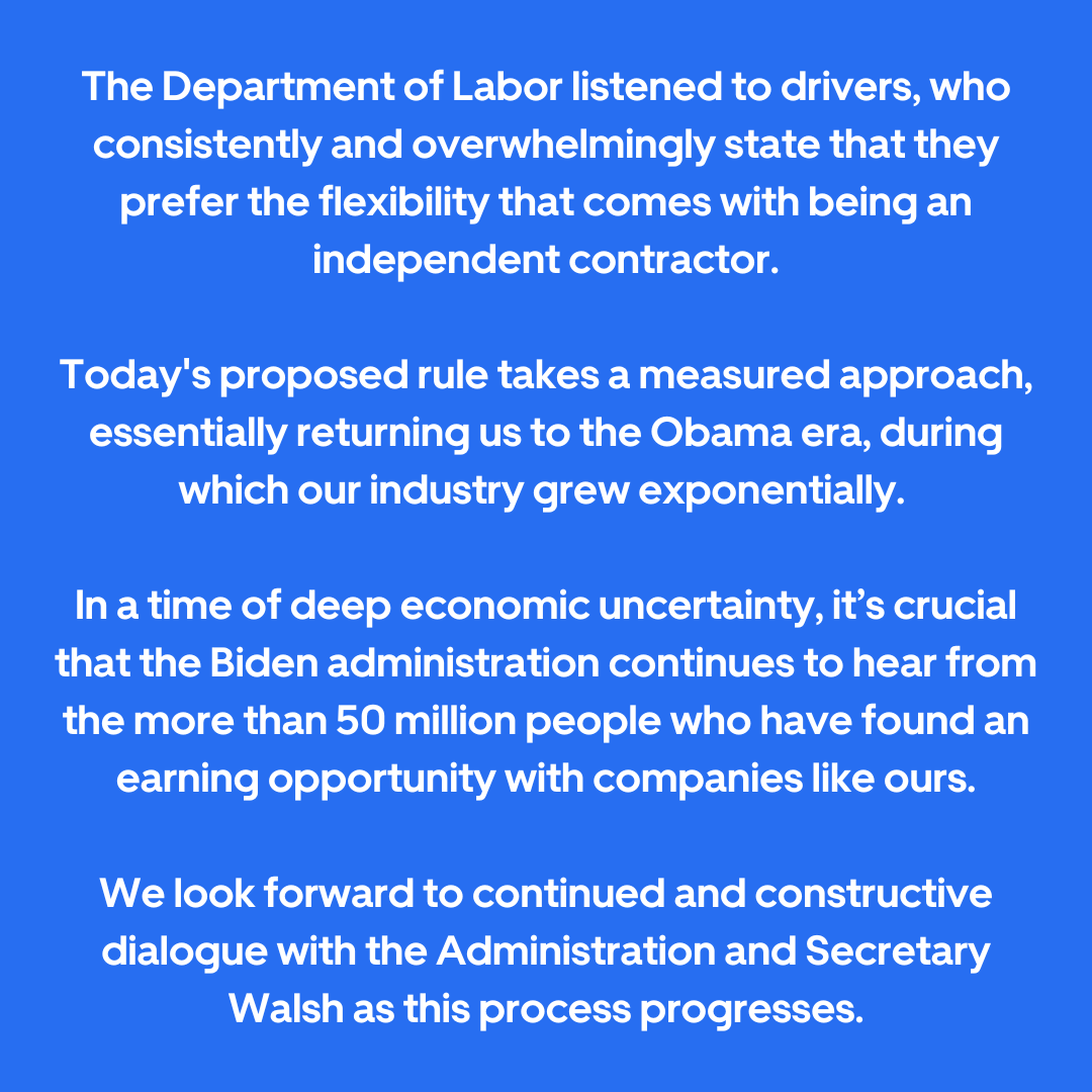 Uber Comms On Twitter Our Statement On The Proposed DOL Rule Https 
