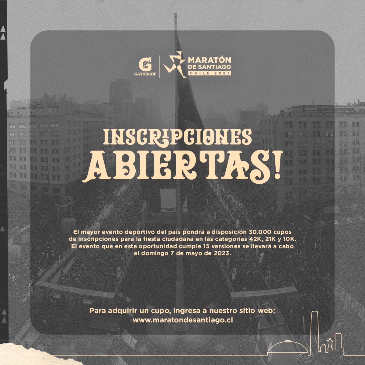 ¿Quieres ser parte del #GatoradeMaratonDeSantiago 2023? ¡Corre a inscribirte en maratondesantiago.cl 🏃‍♀️! Nos vemos el 7 de mayo #UniendoALaCiudad ❤️