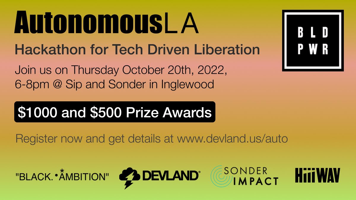 devlandnext's tweet image. A 24hr Civic and community focused hackathon for wildly innovative folks is happening in LA next Thursday. 
 RSVP: eventnoire.com/e/autonomousla