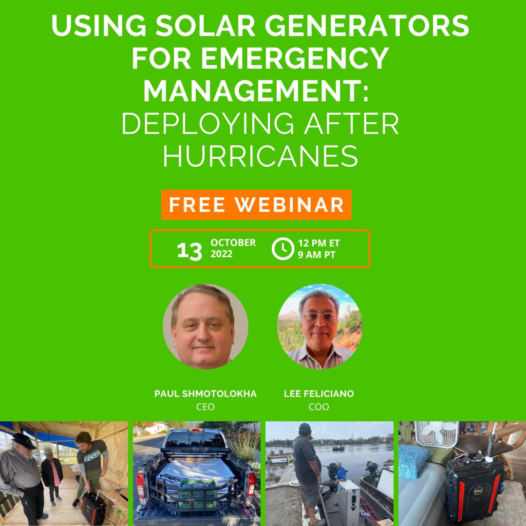 Join us for a brief webinar Thursday, Oct 13 as we share our experiences in the field on how solar generators can effectively displace gas powered generators after disasters. Register: bit.ly/3SDz9sH #solarpower #emergencymanagement #disasterrelief