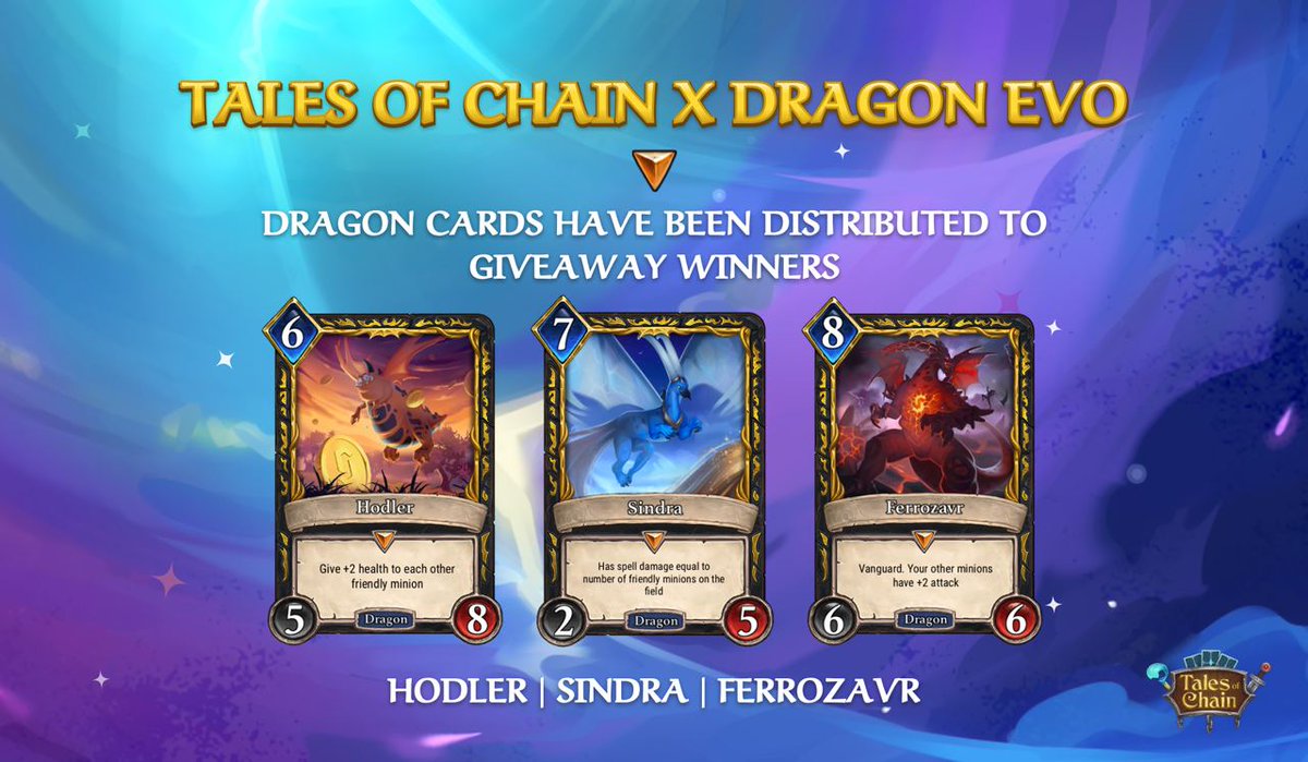 ⚡️We are happy to announce that most rare cards (Hodler, Sindra, Ferrozavr) have been distributed to winners!⚡️ #TALE #Giveaway #NFT #DragonEvolution
#TalesOfChain #Limited

Cards are limited and you can't get them in packs.

Giveaway Winners here - docs.google.com/spreadsheets/d…