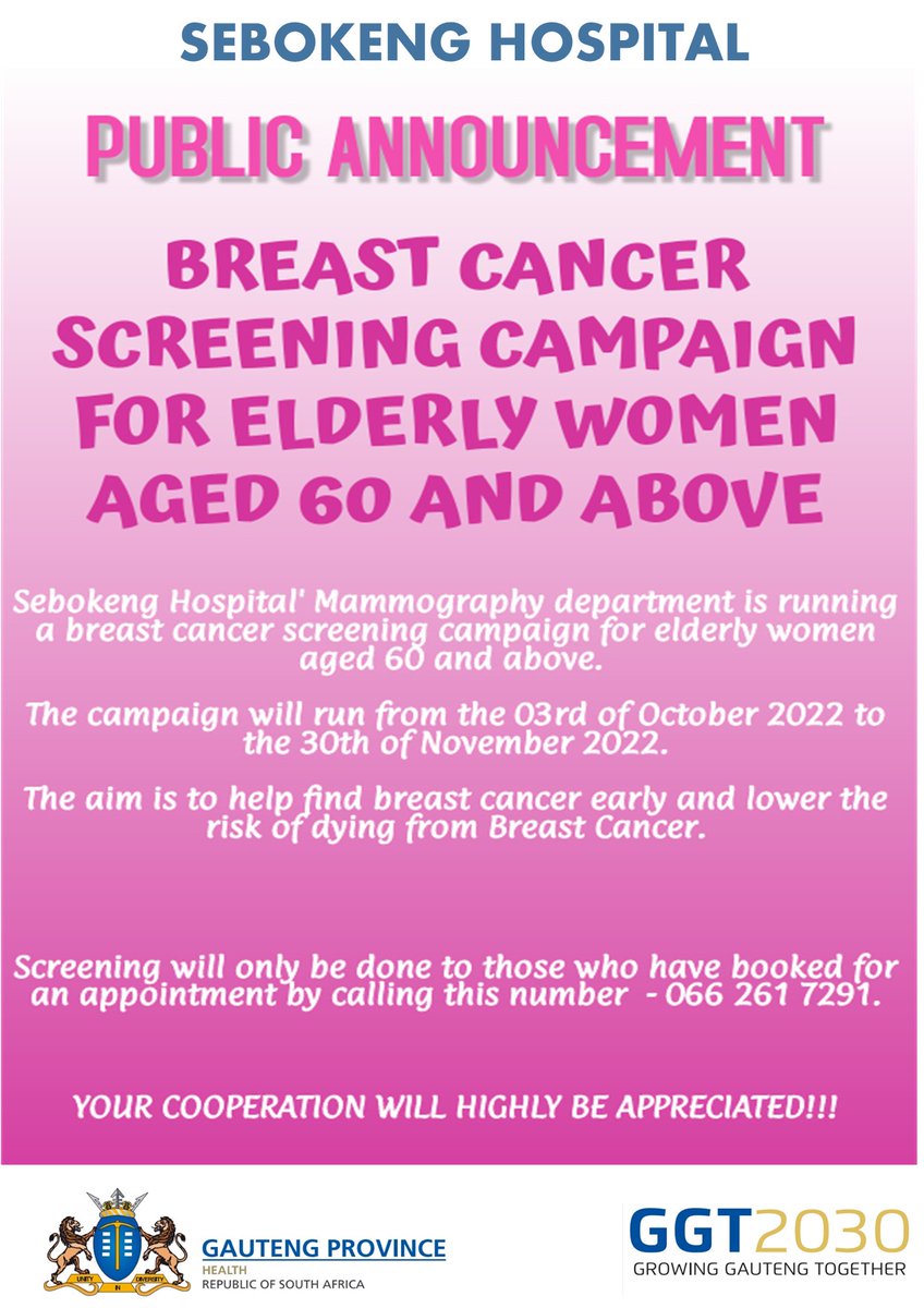 #BreastCancerMonths - Mammography Department at Sebokeng Hospital running breast screening for women 40years and above, preferably 60 years and above. #GrowingGautengTogether