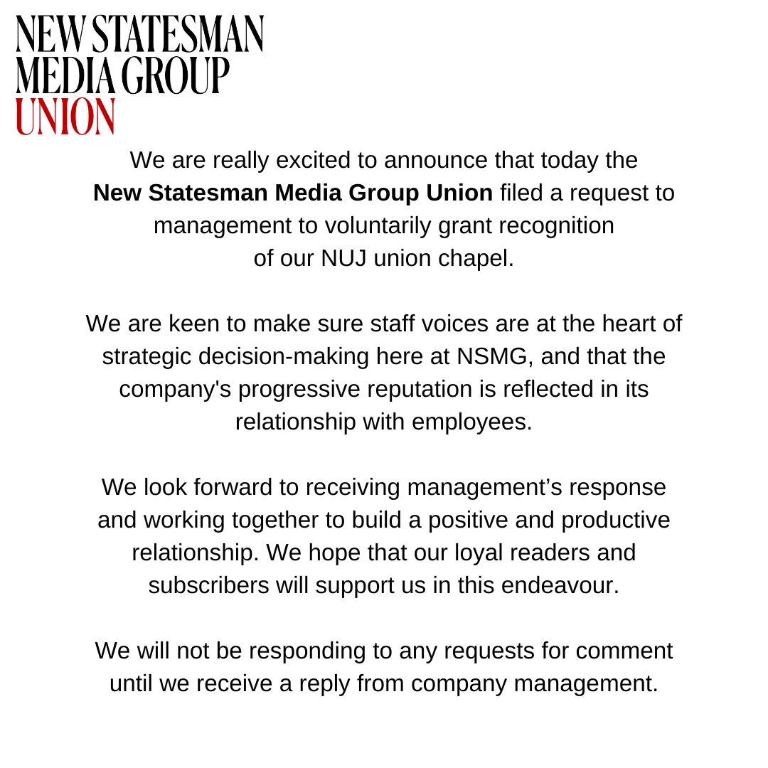 Exciting news from the New Statesman Media Group Union!