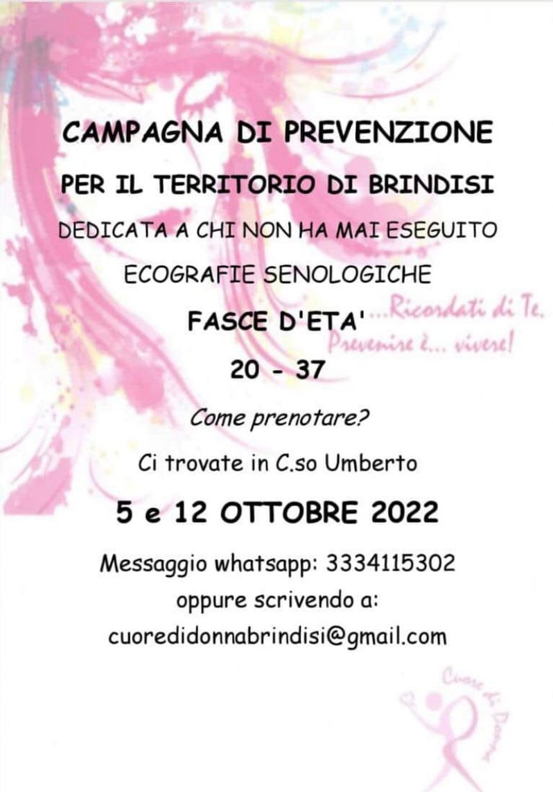 🌸Continuano le iniziative targate #ottobrerosa!
📢Il 12/10 la nostra associazione amica Cuore di Donna organizza una campagna di #prevenzione a 📍Brindisi.
⤵️⤵️Info e prenotazioni⤵️⤵️
#salute #oncologia