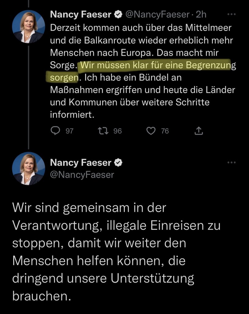 Nein, wir müssen Flucht und Migration nicht durch Abschottungsmaßnahmen „begrenzen“. Denn Geflüchtete werden so zu immer gefährlicheren Fluchtrouten gezwungen - Schluss damit! 

Ich erwarte von der Ampel Hilfe und Humanität statt Härte und Abschottung, <a href="/NancyFaeser/">Nancy Faeser</a>!
