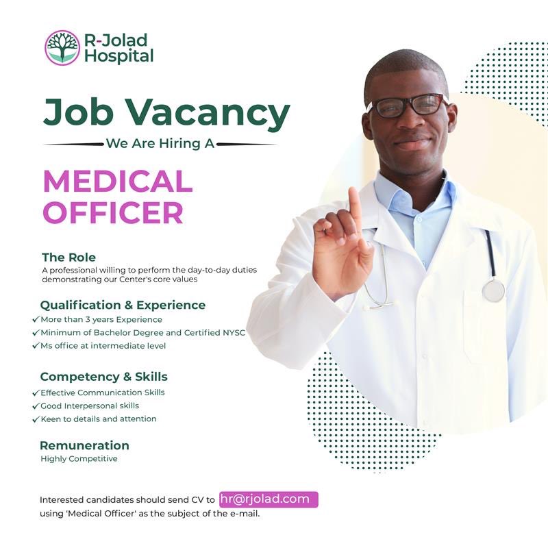 We are hiring medical officers. Interested parties can send their CVs to hr@rjolad.com

#careeropportunities #medicaldoctors #jobberman #indeed #LinkedIn #RJolad #tgif #hospitality #jobvacancy