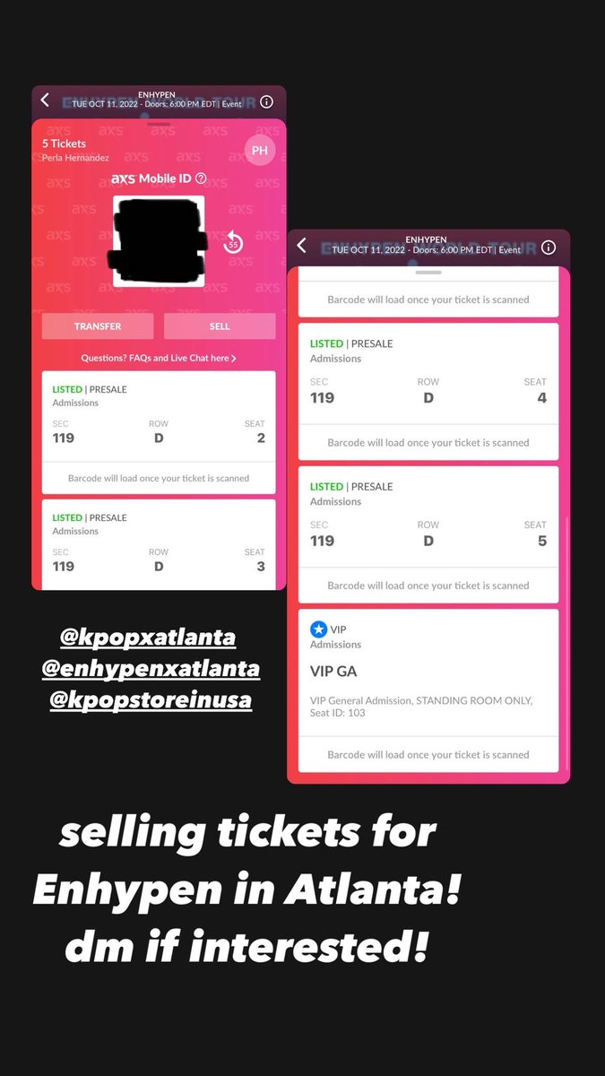 Minixshi's tweet photo. hi! i have a friend who wants to sell their enhypen tickets (Atlanta 10/11)  and has 4 seated tickets for $185 each and 1 VIP ticket for $300, but is willing to negotiate! Please dm me or reply with questions! #enhypen #enhypenatlanta https://t.co/jtqzfYgD3O