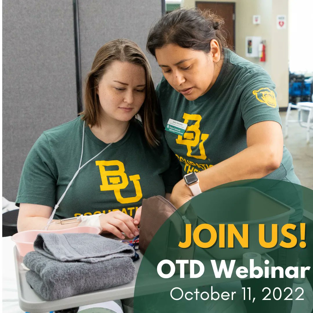 Baylor_OT's tweet photo. OTD Webinar in 2 HOURS! Join us at 12PM CST to learn more about the OTD program at Baylor! Register at the link here: https://t.co/6JaH3yW62z 

#BaylorOTD #OTD #OccupationalTherapy #OTDProgram https://t.co/tjsvD7KqG8