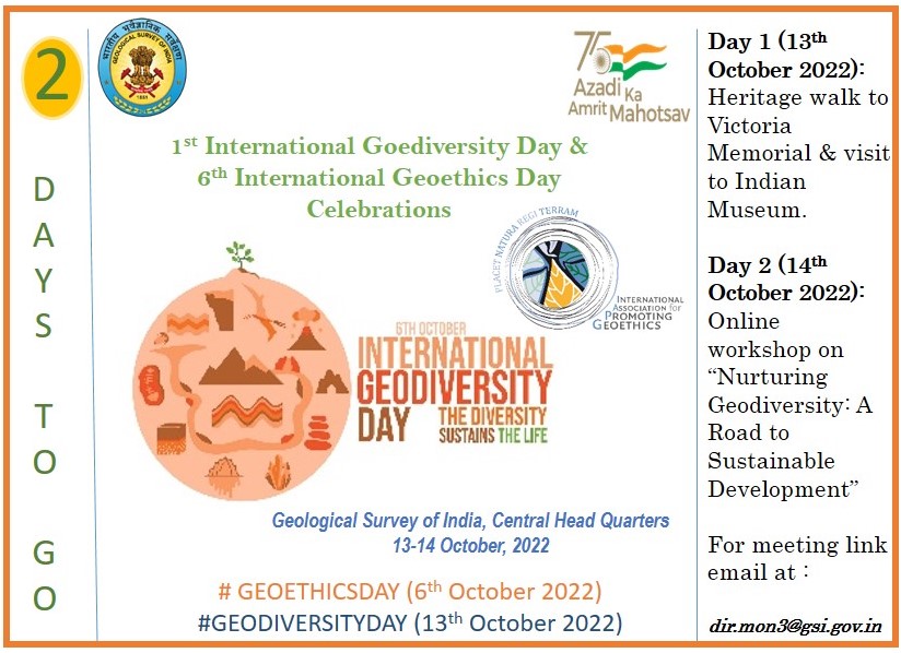 GeologyIndia's tweet photo. Let’s come together for the celebration of the 6th International #GeoethicsDay and 1st International #GeodiversityDay on 13-14 October, 2022 at Geological Survey of India, Central Headquarters, Kolkata.
Preserve the #Geodiversity of this planet.
#GeodiversityDay
#AmritMahotsav https://t.co/uJCVZJFFTv