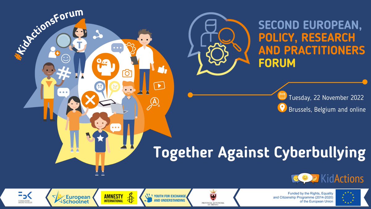 kidactions's tweet photo. 🗓️Clean your calendar 2⃣2⃣ November for #KidActionsForum❗️

👩‍💼It will bring together policymakers, researchers, industry &amp; practitioners working on securing a safer digital environment, free from #cyberbullying!💪

Let's work #TogetherAgainstCyberbullying➡️https://t.co/SHIWHR9Oq4 https://t.co/IcwS1XZAAE