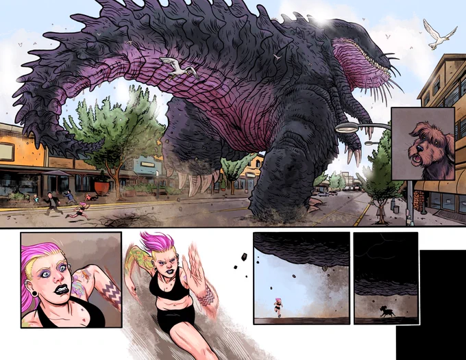 #PortfolioDay
Here's an unlettered scene from the first issue of my self published kaiju anthology series STOMPED. Funding is underway for issue 4 right now on Kickstarter! Link in comments &amp; pinned tweet. You can catch up through KS or check out 1 &amp; 2 digitally on my website. 