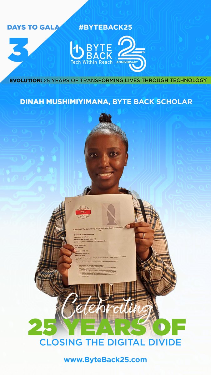 We_ByteBack's tweet photo. 3 DAYS away from Byte Back's 25th Anniversary #Gala on October 14th. GET YOUR TICKET TODAY at https://t.co/5RrsO4voto or make a donation to show your #support and help us bridge the digital divide. Today we feature Byte Back #Scholar Dina Mushimiyimana.
#byteback25 #25years https://t.co/ytZctlY8Ey