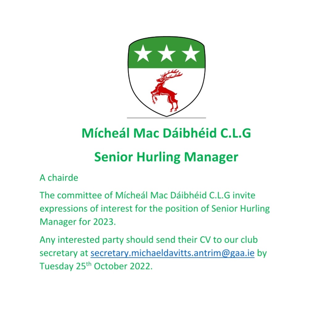 Davitts1912's tweet photo. We are currently seeking expressions of interest for the position of Senior Hurling Manager for 2023.
Details attached. https://t.co/D439lnhuFi