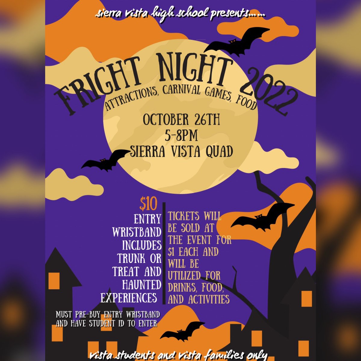 FRIGHT NIGHT IS QUICKLY APPROACHING! It was a fun vibe last year and we can’t wait to make it even scarier this year 👻🎃 Purchase your admission wristbands starting next week during all 3 lunches! #FrightNight #Halloween #VistaDynasty💎  #OneFamilyOneSound #DanceTeam #StepTeam