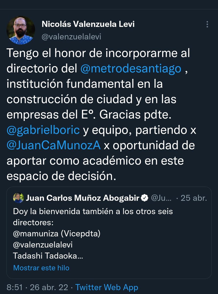 Indignación y tristeza por los chilenos que tanto sufrieron el estallido social.Eso provoca el nombramiento de @valenzuelalevi. Tras avalar la violencia y el fuego lo nombran Director de @metrodesantiago. Nada importa, sólo que es amigo: el único CV que le importa a este Gobierno