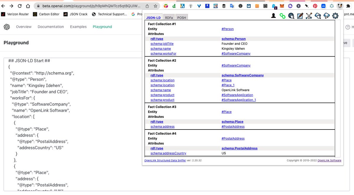 kidehen's tweet photo. @bradleypallen @datasniff Upped the ante a little, describing @OpenLink and myself.
Result.
https://t.co/SV34mL8pRh
Which I then transformed to #RDFTurtle using our @datasniff browser extension :)
#OpenAI #RDF #SchemaOrg #JSONLD #LinkedData #KnowledgeGraph #SemanticWeb #AI #Web30 #Nanotation https://t.co/fA2buRp1Kh