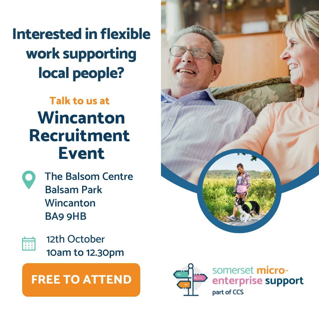 CCSMicroEnt's tweet photo. We'll be at the recruitment event at The Balsom Centre in #Wincanton tomorrow between 10am and 12.30pm. Pop in for a chat about becoming a Micro-Provider. 
#microprovider #somerset #somersetmicroprovider https://t.co/Dzk1YJoebV