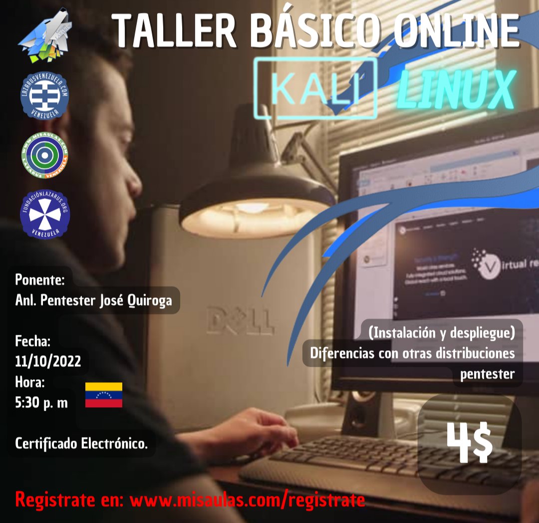 LAZARUSCIIL's tweet photo. ¿Sabes manejar el SO Kali Linux?

Sistema operativo diseñado para la auditoría y seguridad informatica. 

Aprende con nosotros y aclara todas tus dudas. 

Regístrate a trav��s de https://t.co/T0otcY00HZ

Hoy a las 5:30 p. m. inicia esta actividad en línea. https://t.co/elfSXabrpN