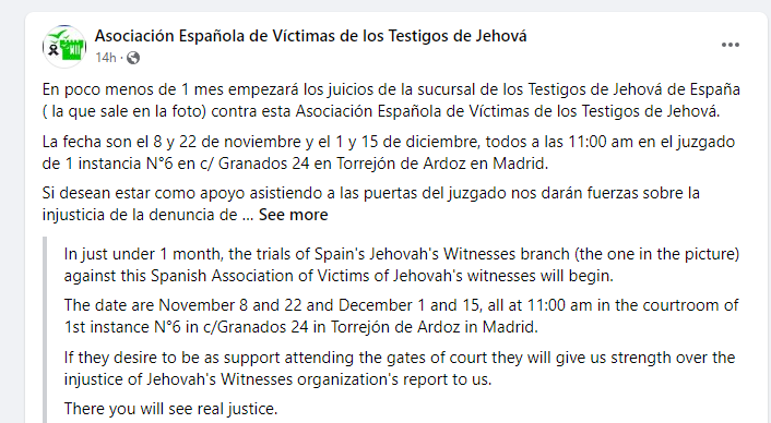 lestersomrah's tweet photo. Let's give "Spanish Association of Victims of Jehovah's witnesses", some support. https://t.co/E8tC5H7gOL