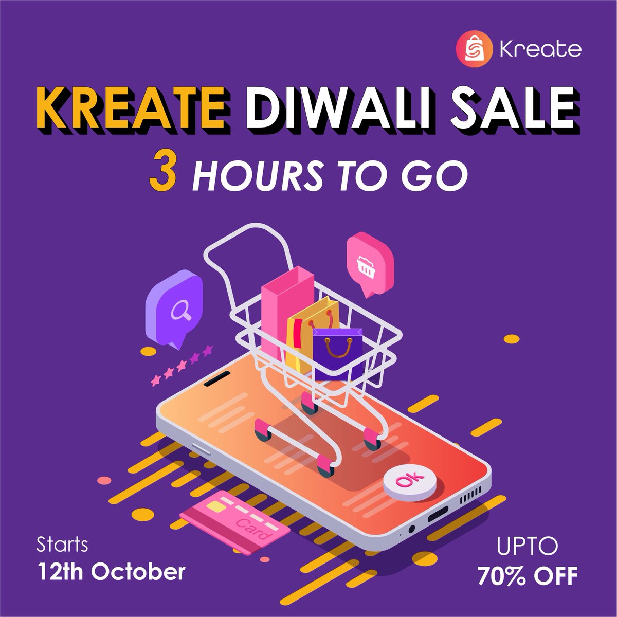 And the countdown begins! 3 more hours to Kreate Diwali Sale! ⏰
Get up to 70% OFF! 

Add to your cart now👇
buff.ly/3HrtKAi 

#Diwali2022 #festivevibes #AddtoCart #marketplace