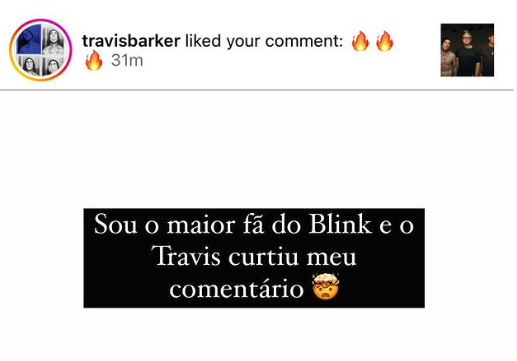 ZeebaOficial's tweet photo. Quando o @travisbarker curte seu comentário no instagram 😍 feliz demais com @blink182 no @LollapaloozaBr 🙌 https://t.co/r40JXz42sv