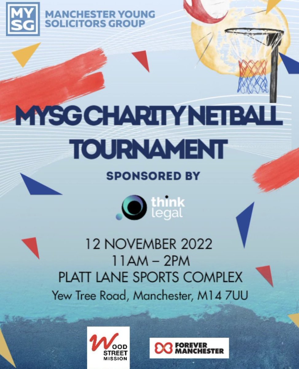 MYSG invites you to the eagerly anticipated 2022 Charity Netball Tournament, kindly sponsored by <a href="/thinklegalrec/">Think Legal Recruit</a> 🏐🏆

All proceeds raised from the event will be donated to <a href="/WoodSt_Mission/">Wood Street Mission</a> and <a href="/4EVERManchester/">Forever Manchester</a> 

eventbrite.co.uk/e/mysg-charity…