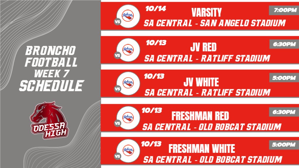 OHSBronchoFB's tweet photo. Week 7 Schedule!
#RiseOfTheRed ⭕️ https://t.co/NDVbZ4WlhO