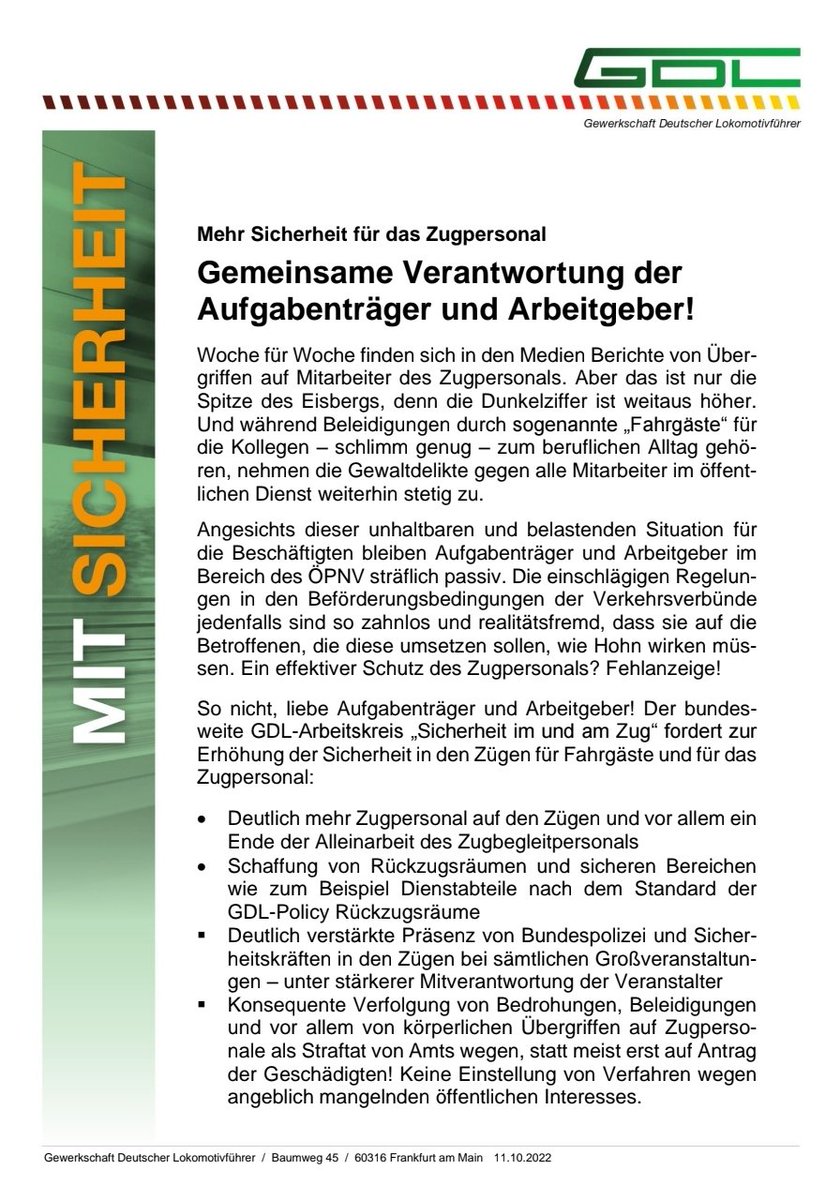 𝗠𝗲𝗵𝗿 𝗦𝗶𝗰𝗵𝗲𝗿𝗵𝗲𝗶𝘁 𝗳𝘂̈𝗿 𝗱𝗮𝘀 𝗭𝘂𝗴𝗽𝗲𝗿𝘀𝗼𝗻𝗮𝗹 - 
Gemeinsame Verantwortung der Aufgabenträger und Arbeitgeber!

Quelle und weitere Informationen siehe weiterführenden Link 
gdl.de/Aktuell-2022/A…