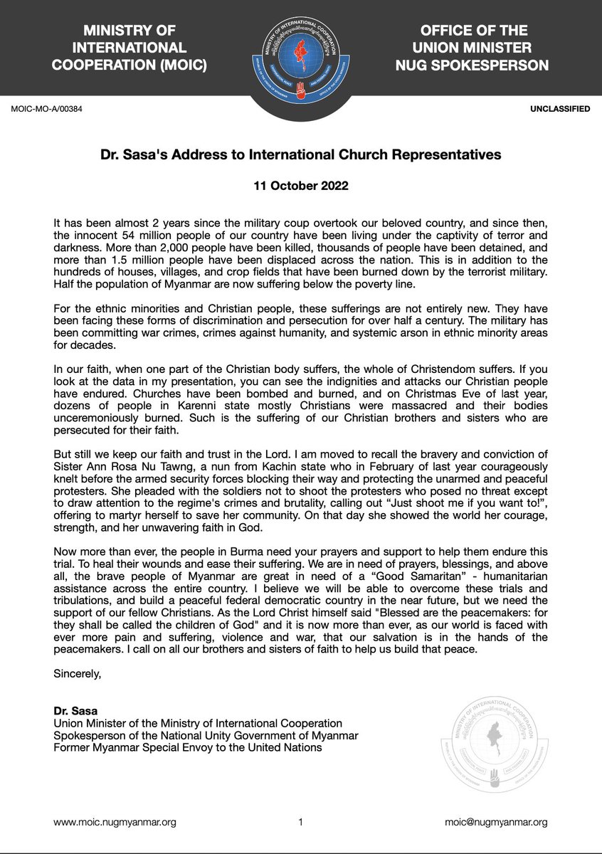 Dr. Sasa's Address to International Church Representatives

It has been almost 2 years since the military coup overtook our beloved country, and since then,  the innocent 54 million people of our country have been living under the captivity of terror and darkness. More than 2,000