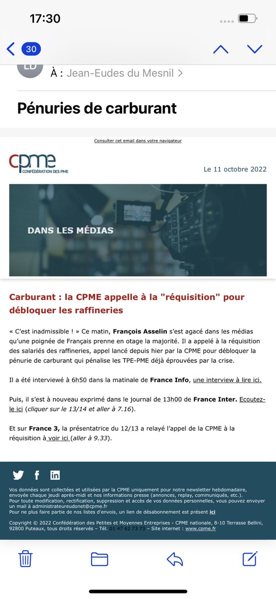 ⁦<a href="/CPMEnationale/">CPME</a>⁩ visiblement entendue par l’exécutif. Il est impératif de rétablir l’approvisionnement en carburant. C’est la chaîne logistique qui menace de se gripper. Sans camion, pas de livraison et….des vides dans les rayons! Quand le dialogue n’est pas possible…