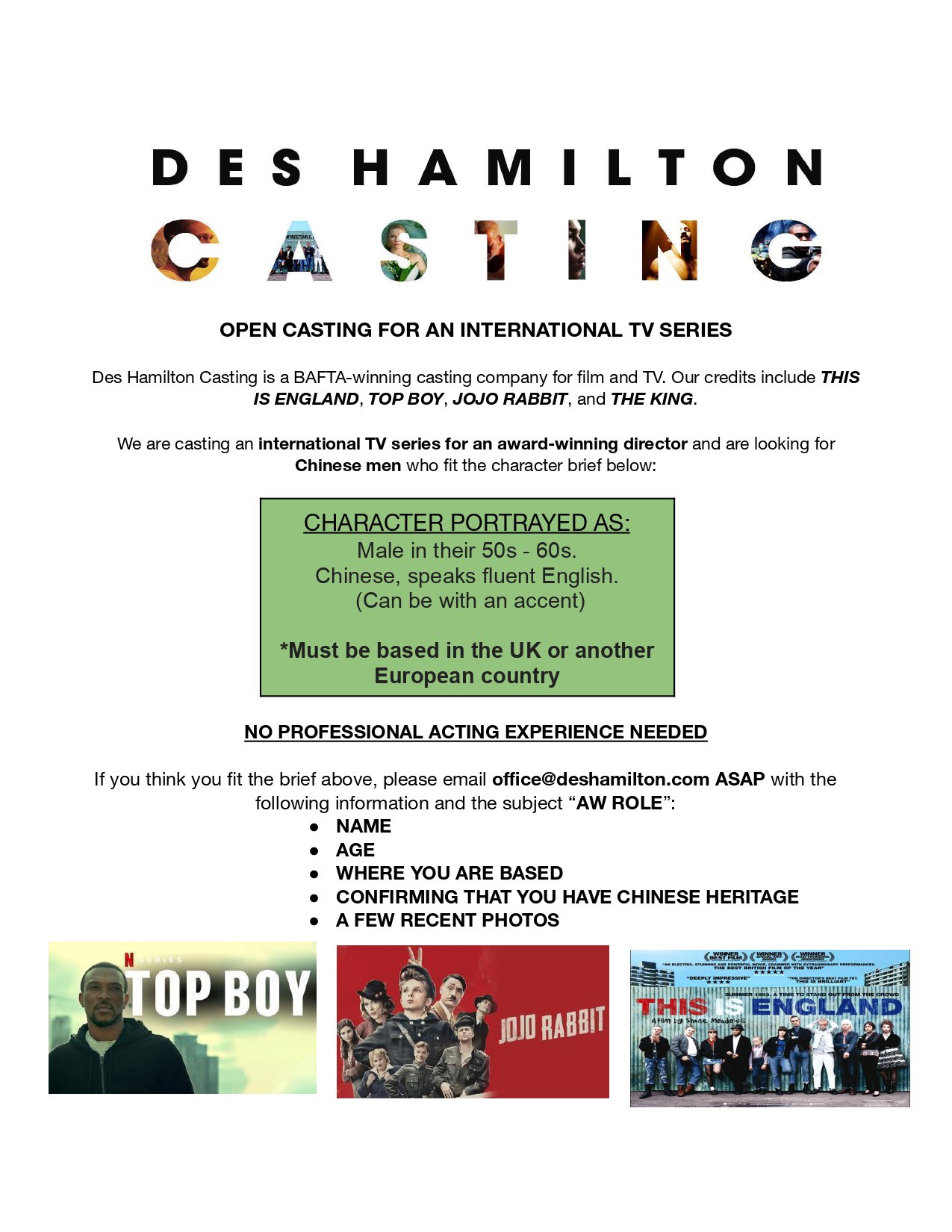 Des Hamilton Casting on X: If this is you or someone you know please get in  touch via our email office@deshamilton.com or please share!   / X