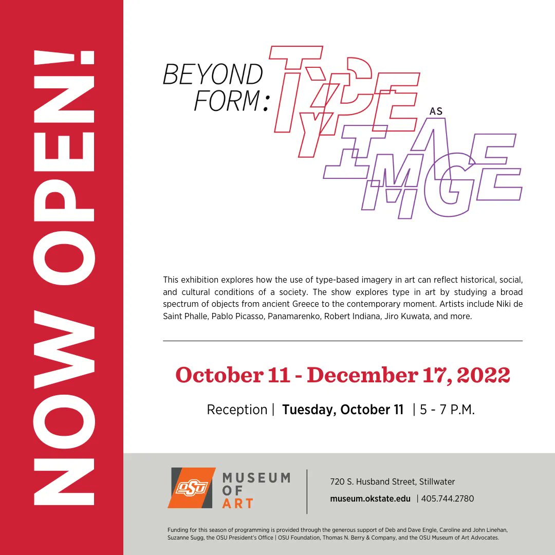 We are beyond thrilled to announce that 'Beyond Form: Type as Image' is now open! Celebrate with us from 5-7 PM TONIGHT @OSUMuseumofArt @VisitStillwater #okstatearts #osuma