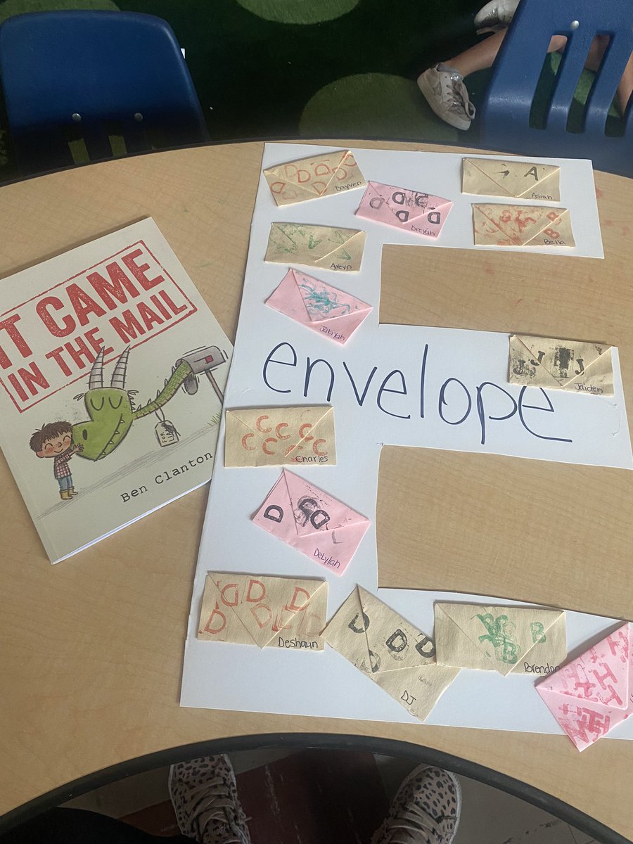 hszellner1's tweet photo. The first of our collaborative letters through literacy❤️ We read It Came in the Mail and made envelopes with our first letters of our names to make a collaborative letter E! #esc9headstart #iamwfisd @BookerTWashElem https://t.co/Z7IXUgLj2S