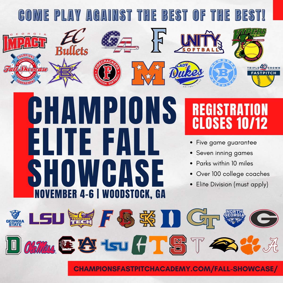 LAST CHANCE for Registration!!! Registration closes on 10/12. 

Register Today:
championsfastpitchacademy.com/fall-showcase/