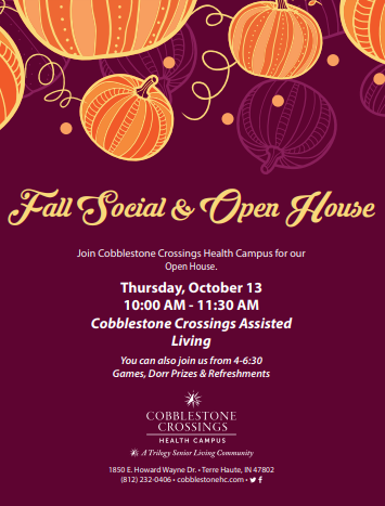 Join us for our Fall Social &amp; Open House. We would love to show you our Assisted Living Suites and all that our Senior Living has to offer!