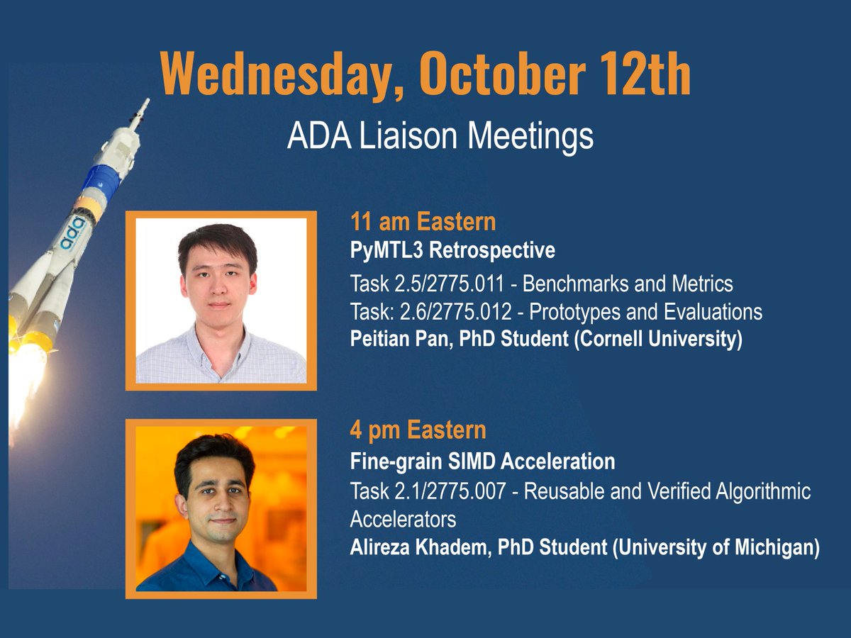 ADA_Center's tweet photo. Join us tomorrow for liaisons meetings with Peitian Pan, PhD Student (Cornell University) 11am ET and Alireza Khadem, PhD Student (University of Michigan) 4pm ET! https://t.co/Zp3UYq9HJh https://t.co/2rsz4qlXhW