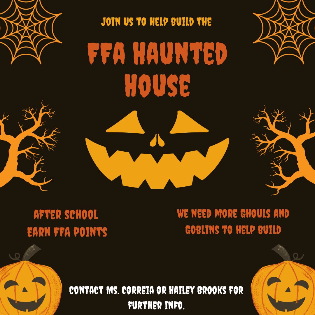 FfaWatsonville's tweet image. Come help build the Haunted House. If you come this Friday Oct. 14 from 10-2pm, you may earn community hours.
.
.
.
.
#communityhours #hauntedhouse #ffa