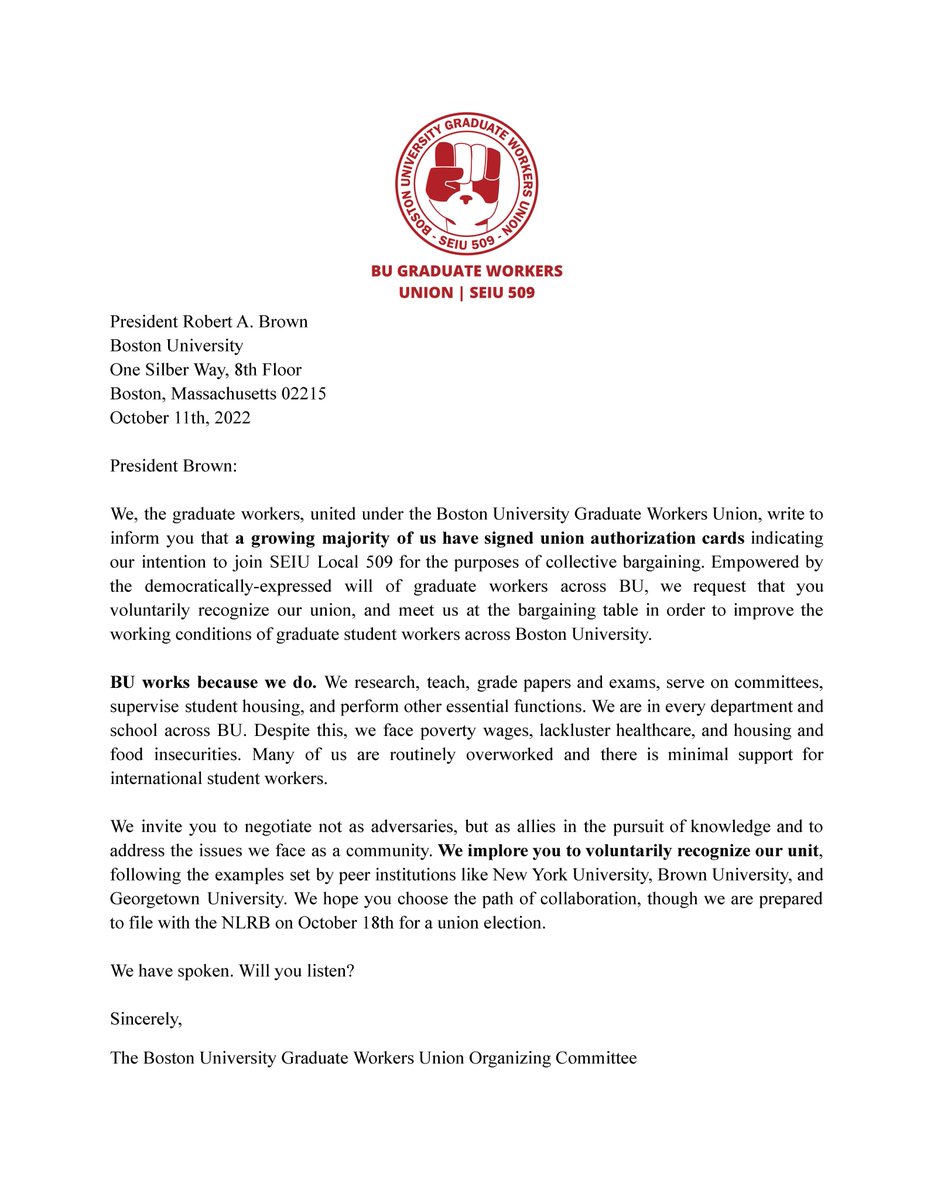 A letter from BUGWU to President Brown