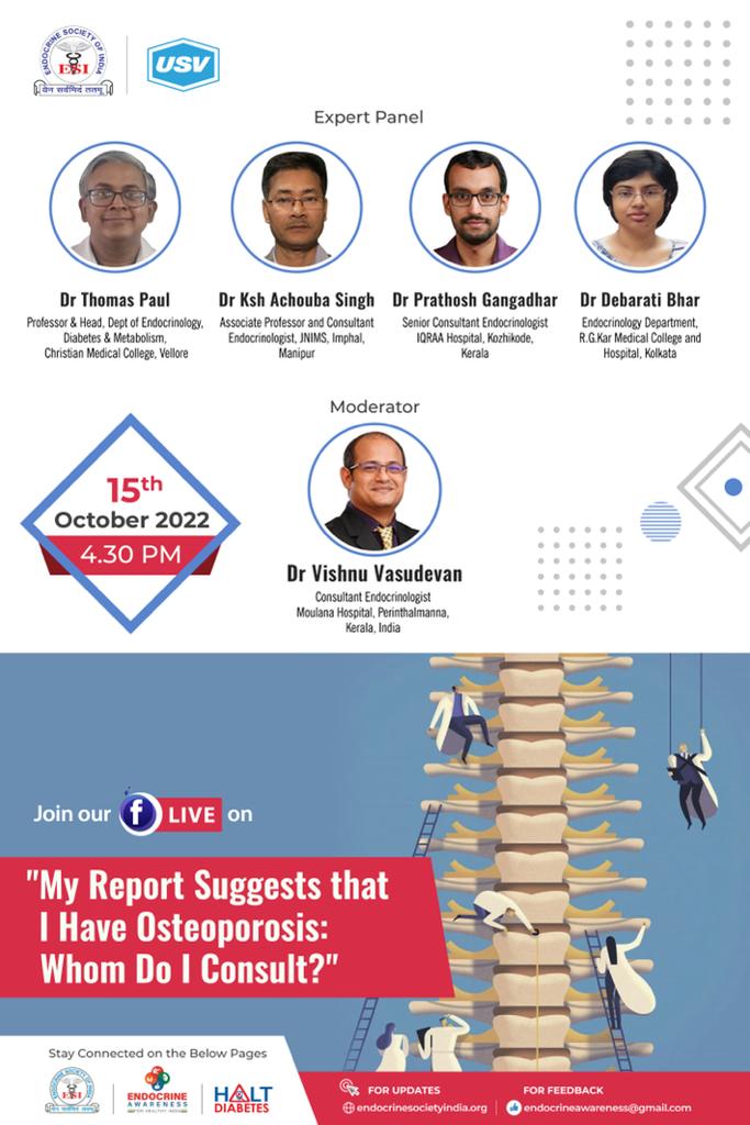 15 October 2022
16:30 Hrs 🇮🇳

#Osteoporosis #endotwitter #hormones #awareness #bonehealth #MedTwitter

Audience Links  🛣️🙏🔊

1️⃣ FB.com/IndiaESI

2️⃣ FB.com/endocrineaware…

3️⃣ FB.com/HALTDiabetesIn…

<a href="/ASBMR/">ASBMR</a> <a href="/iofbonehealth/">Osteoporosis IOF</a> <a href="/Endocrine_News/">Endocrine News</a> <a href="/sahayrk/">Rakesh Sahay</a> <a href="/hariendo/">KVS Hari Kumar</a> <a href="/PrathoshDr/">Prathosh Gangadhar </a>