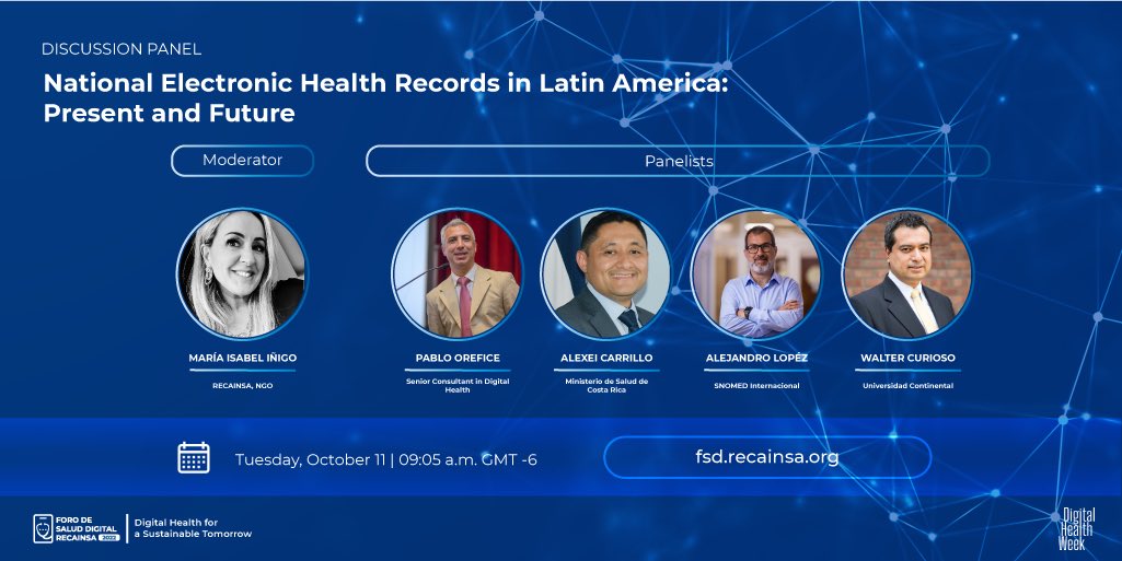 RECAINSAnetwork's tweet photo. Don´t miss the first discussion panel of our RECAINSA 2022 Digital Health Forum - "National Electronic Health Records In Latin America: Present and Future”

💥 Follow the live stream on our YouTube channel https://t.co/D7bhz6A1td 💥

#ForoDeSaludDigital #ForoRECAINSA https://t.co/CdMiniSdwD